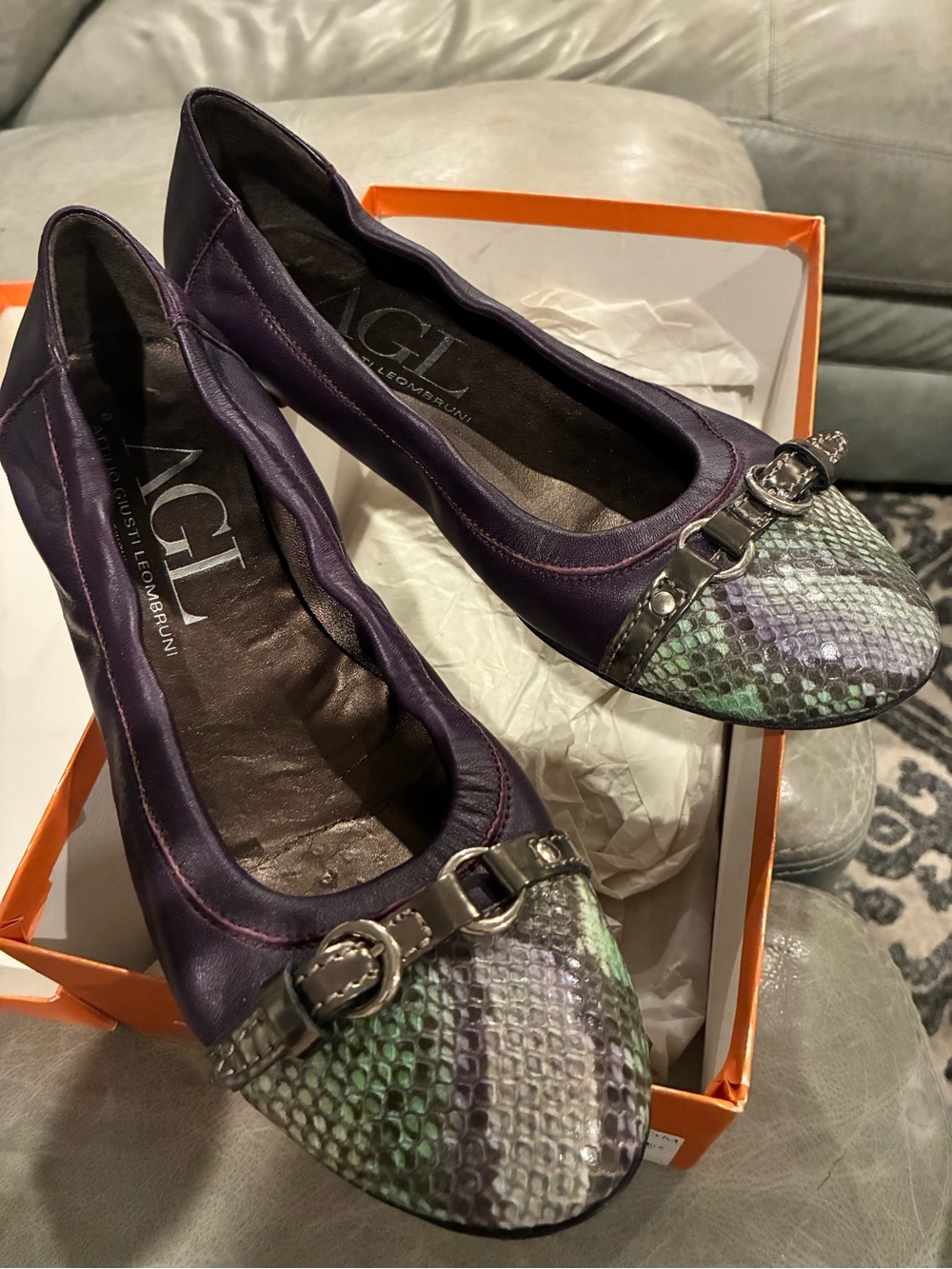 Nordstrom Purple Leather Ballet Flats with Green Snake-Print Toe